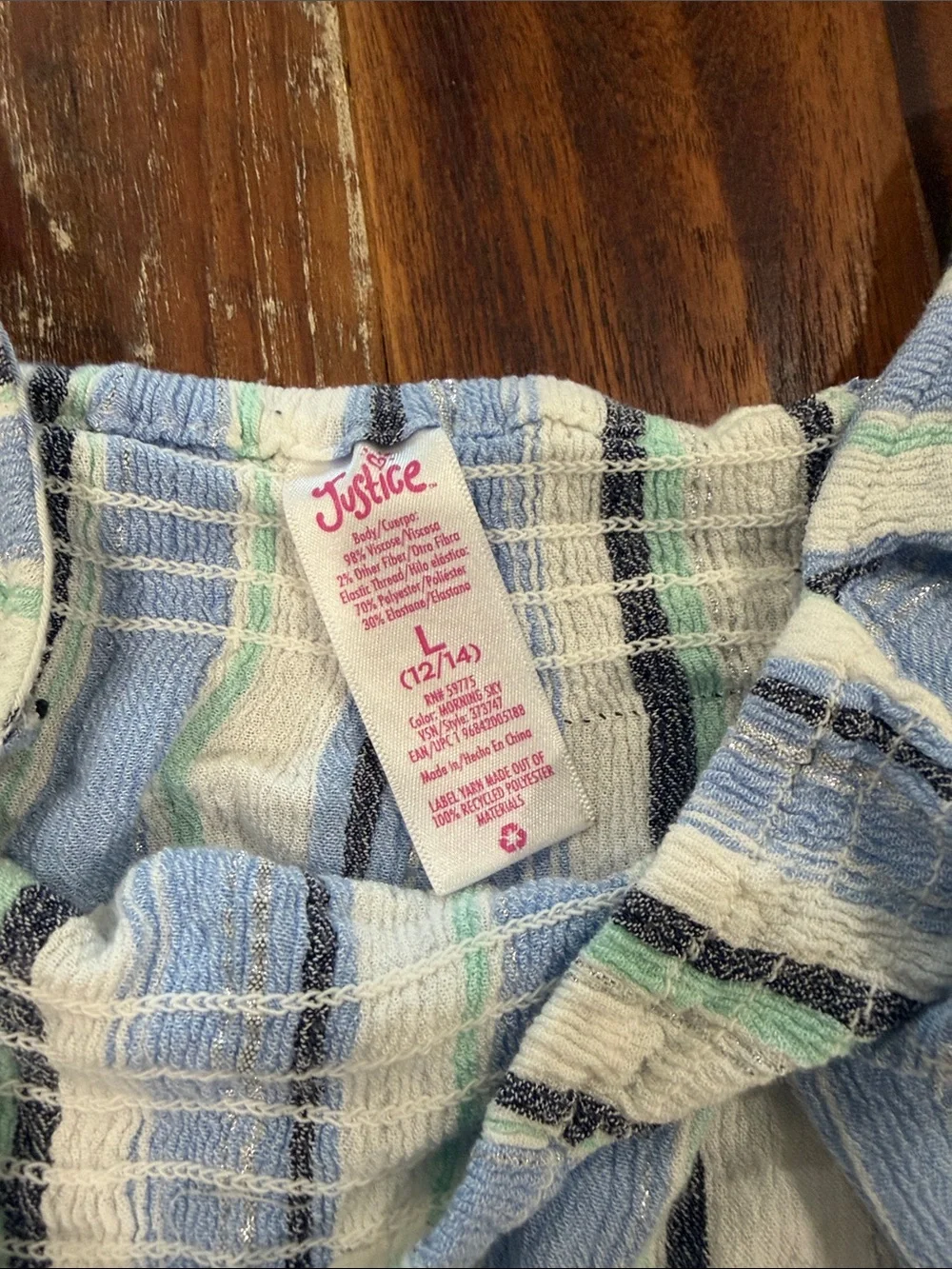 Justice Blue and White Striped Ruffled Shoulder Tank